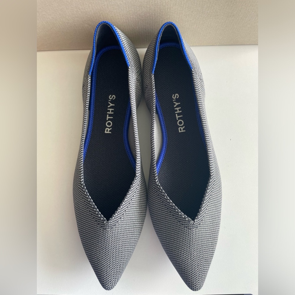 Rothy's Pointed Toe Flats in Black and Blue Trim